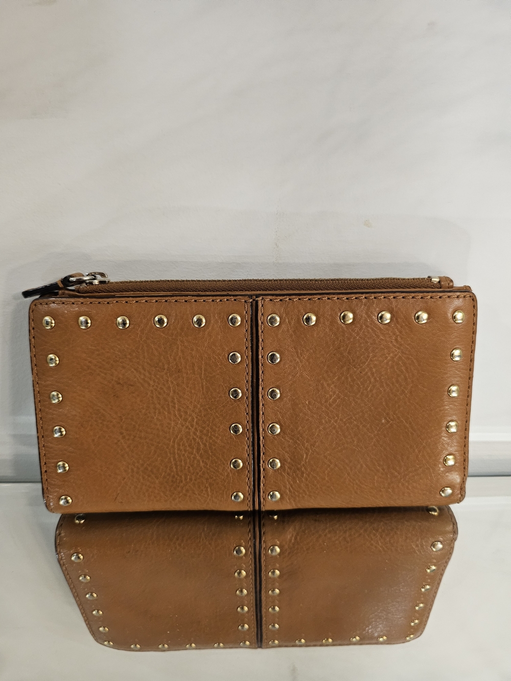 Michael Kors Tan Leather Studded Zip Wallet